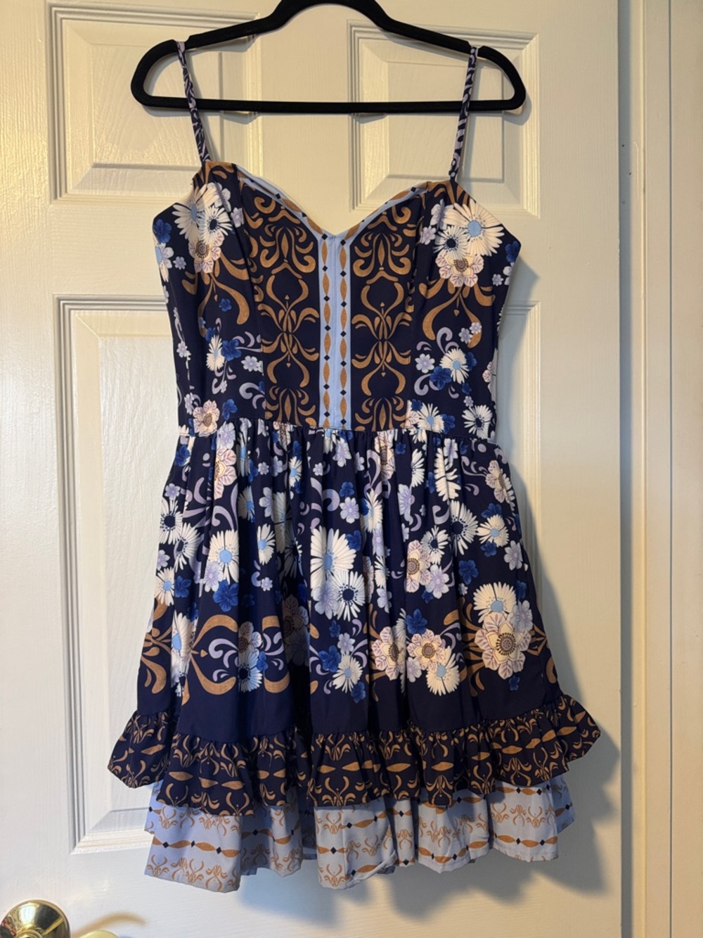 J. Crew Factory Navy Floral Mini Dress with Tan and Light Blue Accents